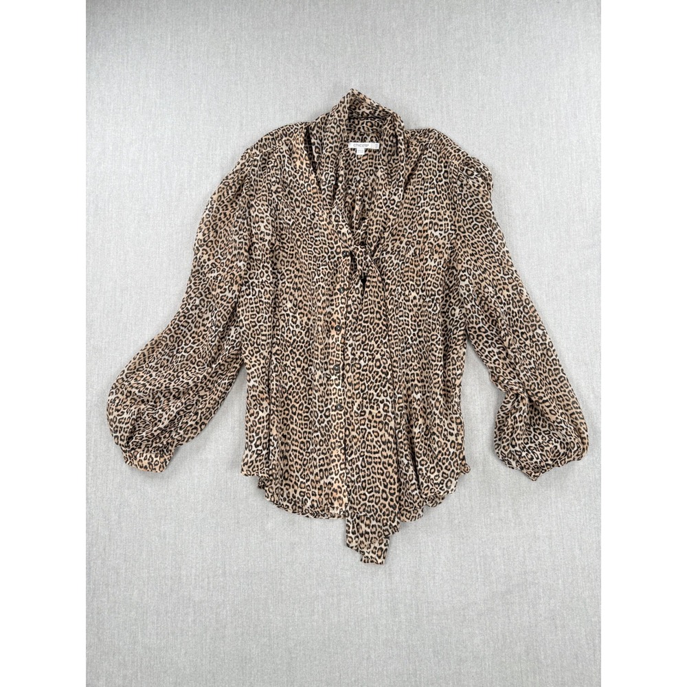 Chicos Leopard Print Tie Neck Blouse Tan Brown Animal Print Puff Sleeve Top 2.5